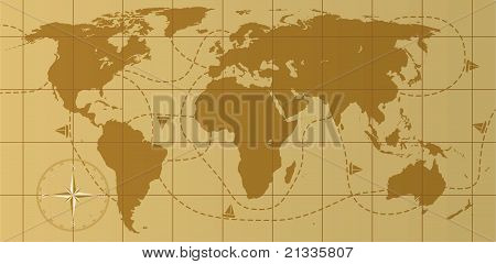 ベクトル レトロな世界地図とコンパス ローズ