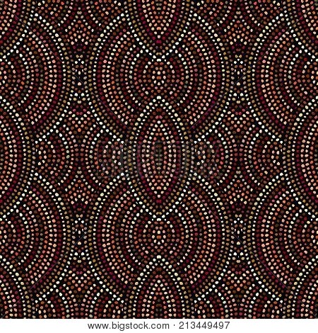 Ethnic boho seamless pattern in african style on black background. Tribal art print. Irregular polka dots pattern.