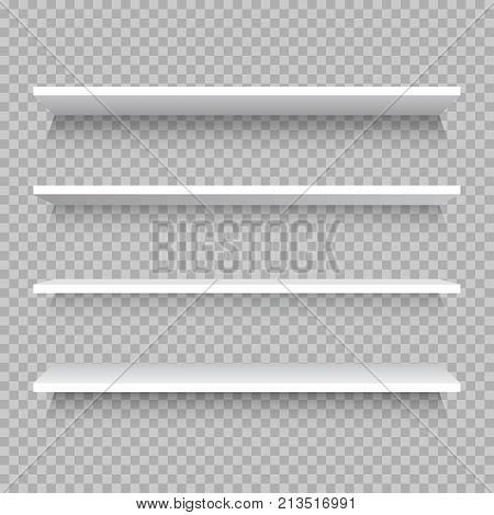 Empty white shop shelf retail shelves from plywood frame. Realistic vector bookshelf rectangle 3d store wall display illustration on checkered background