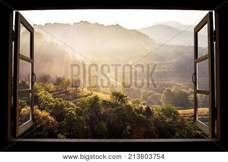 landscape nature view background. view from window at a wonderful landscape nature view with rice terraces and space for your text in Chiangmai Thailand Indochina