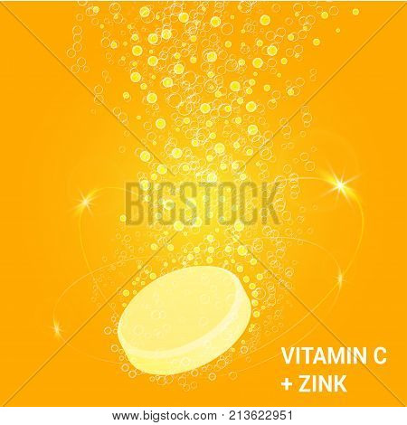 Vitamin C soluble pills with Lemon flavour in water with sparkling fizzy bubbles trail. Ascorbic acid. Vitamineral complex package design with citrus yellow background. Treatment cold flu