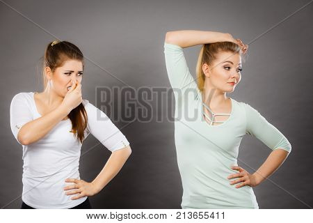 Woman Having Wet Armpit Her Friend Smelling Stink