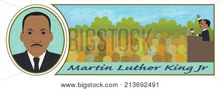 Cartoon illustration of Martin Luther King Jr portrait and speaking in front of a crowd. Eps10