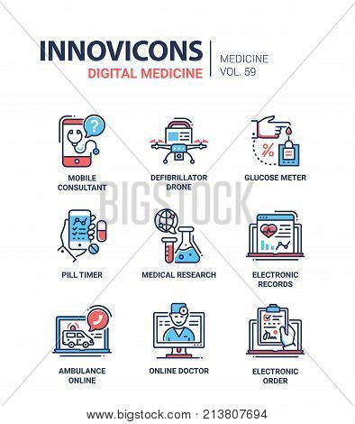 Digital medicine - line design icons set with description. Mobile consultant, defibrillator drone, glucose meter, pill timer, medical research, electronic records, ambulance online, doctor, order