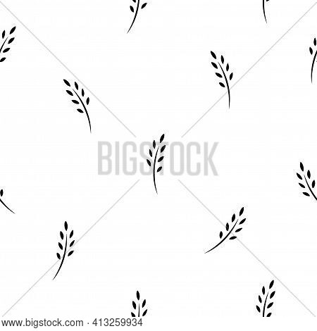 Seamless Pattern With Black Ears Of Wheat, Barley Or Rye. Natural Gren Ornament On White. Eco Compan