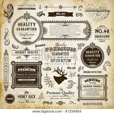 Vector set of calligraphic design elements: page decoration, Premium Quality and Satisfaction Guarantee Label, antique and baroque frames | Old paper texture with dirty footprints of a cup of coffee.