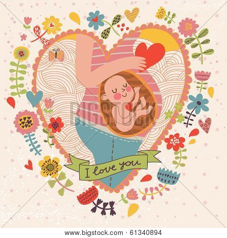 Pregnancy concept card in cartoon style. Baby and mother in love inside hearts and flowers