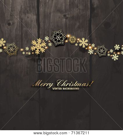 Elegant Christmas Background with Gold Snowflakes. Wood Texture Background.