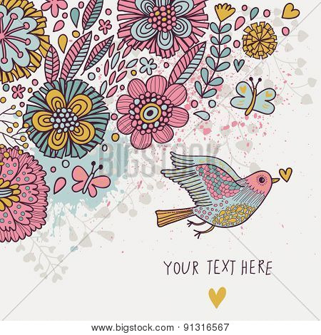 Spring floral card in sweet pastel colors. Bird, flowers and butterflies in cute floral background in vector. Romantic card