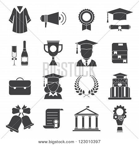 Graduation vector icon set of exam celebration elements. Man and woman graduate in hats and celebrating education party vector icons. Graduation award silhouette web icons. Hat gown student wreath