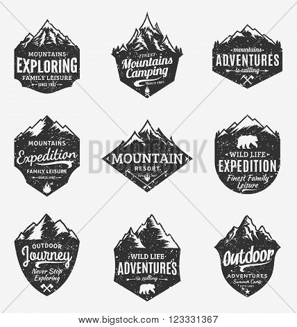 Set of retro styled vector mountain and outdoor adventures logo. Tourism hiking and camping labels. Mountains and travel icons for tourism organizations outdoor events and camping leisure.