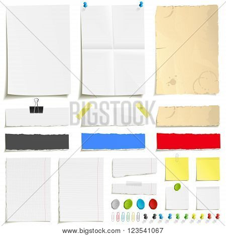 White folded paper, grungy old paper, ragged sheets of paper, blank squared and lined notepad pages and elements for attaching paper. Pin, scotch tape and paperclip set