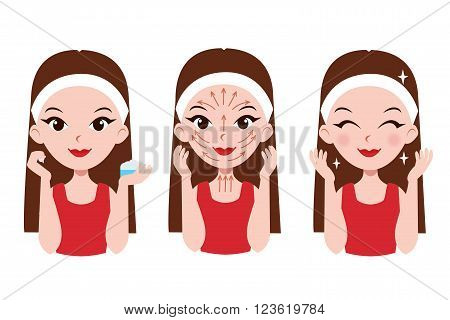 Girl cares about her face. Steps how to apply cream to the face and neck. Facial massage lines.