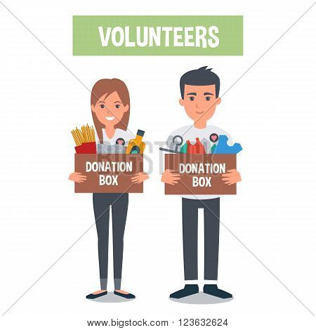 Young Volunteers with food donation and clothes donation boxes. Vector concept illustrations.