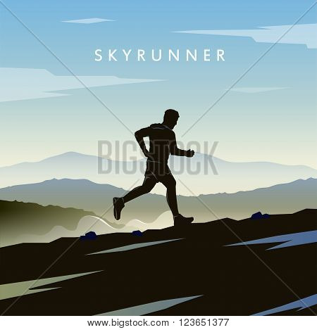 Mountain Running. Mountain Run. Runner silhouette. Running man. Vector running. Vector runner. Skyrunning poster Extreme sports. Vector Mountain landscape. Outdoor sports. Hiking