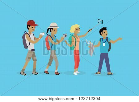 Tourists people group flat style. Travel and tourist group, tour and tourist isolated guide, vacation and tourist people summer leisure vector illustration. Group of tourists