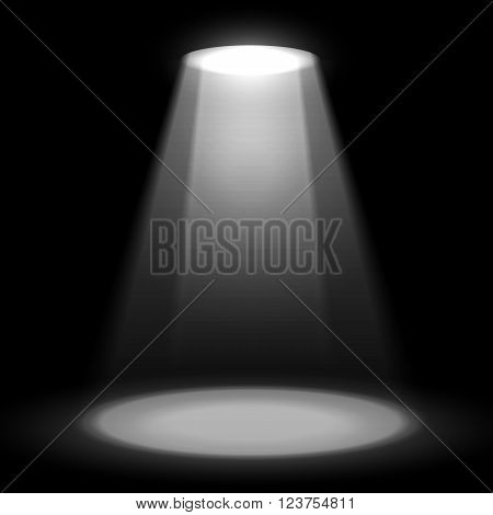 Stage spotlight on dark background. Vector scene illuminated spotlight. Stage spotlight. Spotlight background vector. Show scene spotlight. Spotlight glow effect scene background. Spotlight on stage.