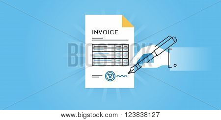 Flat line design website banner for an invoice, online invoice generator, invoice software, invoice template. Modern vector illustration for web design, marketing and print material.