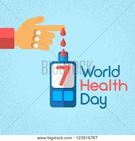 Hand Finger Blood Drop From Glucose Level Glucometer Diabetes World Health Day 7 April Holiday Banner Flat Vector Illustration