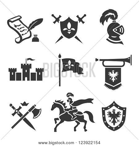 Knight medieval history vector icons set. Middle ages warrior weapons. Sword, shield and castle