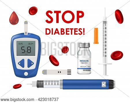 Diabetes Disease, Glucometer, Insulin And Syringe With Test Strip, Blood Hemoglobin Cells Or Drop. S