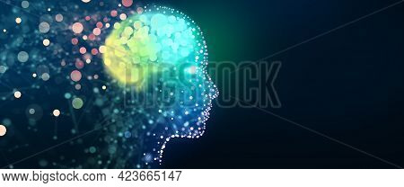 Human Head With A Luminous Brain Network. Digital Brain, Analysis Information, Cyber Mind, Deep And 