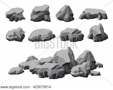 Cartoon Stones. Broken Rock, Stone Pile 3d Design. Isolated Rocks, Boulder Or Gray Mountain. Rubble 