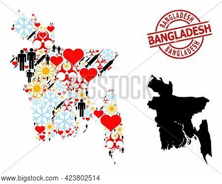 Grunge Bangladesh Seal, And Lovely Man Syringe Collage Map Of Bangladesh. Red Round Stamp Has Bangla