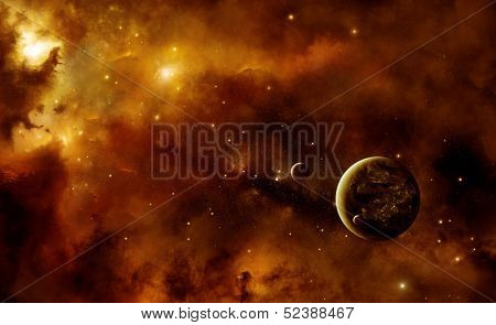 Illustration of an alien inhabited planet in space with two moons inside a nebula