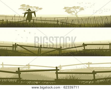 Horizontal Vector Banner Farm Fields With Fence.