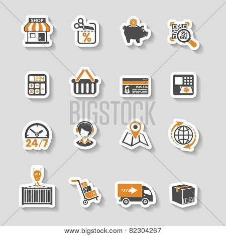 Internet Shopping And Delivery Sticker Icon Set