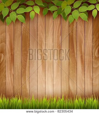 Natural wooden background with leaves and grass. Vector.