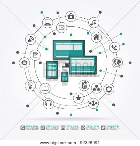 Watches, computer, mobile phone, laptop surrounded by abstract computer network with integrated circles and icons for digital,  network, internet, connect, social media, communicate