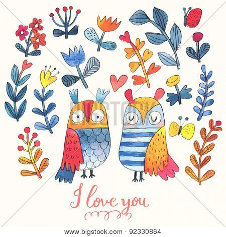 I love you. Lovely vector card with sweet owls, butterfly and flowers in awesome colors. Stunning romantic card made in watercolor technique. Bright Valentines background with text in vector