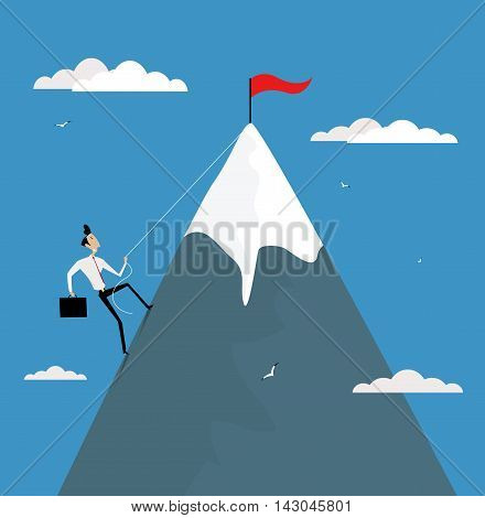 Cartoon businessman climbing mountain with flag on the top. Career development promotion achieve goals concept vector illustration.