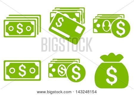 Cash Money vector icons. Pictogram style is eco green flat icons with rounded angles on a white background.