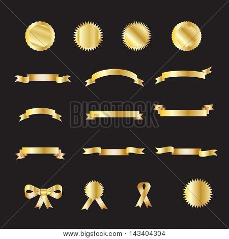 Ribbon. Ribbon banner gold set. Set of ribbon vintage icon, ribbon logo, ribbon labels and stickers, bow tie and tied ribbon. Vector illustration. Gold Ribbon isolated on black background.