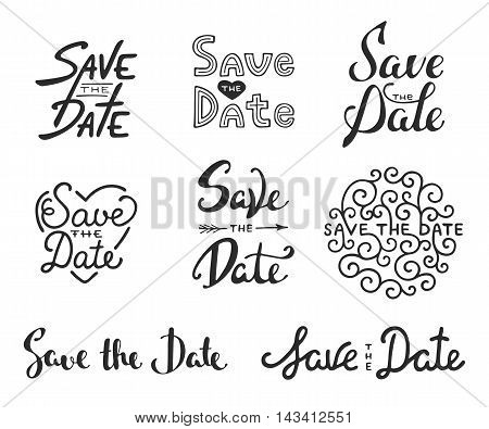 Set of vector hand drawn typography design element for greeting cards or invitations. Save the date calligraphy phrases. Unique lettering. Vintage templates. Art isolated on white background.