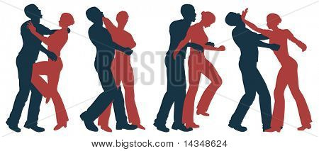 Set of editable vector silhouettes of self defense moves for women