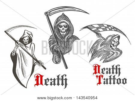 Horrifying grim reapers vintage sketch characters of deathful skeletons wearing hooded coats with scythes in bony hands. Great for death symbol, motorsport mascot or tattoo design