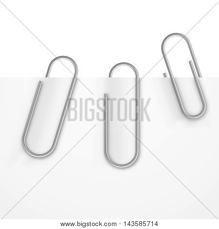 Realistic paper clips vector set. Metal paperclip with sheet, office tool for attaching illustration