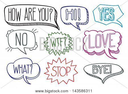 Vintage hand drawn speech bubbles with dialog words hi bye and stop. Vector illustration collection