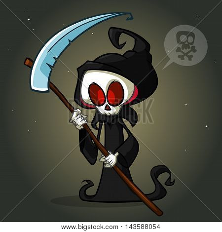 Grim reaper cartoon character with scythe isolated on a white background. Cute death character in black hood