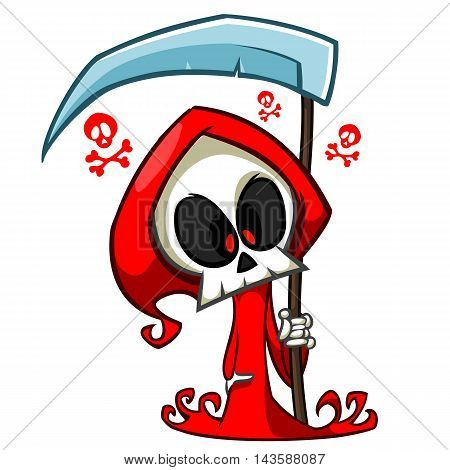 Vector cartoon illustration of spooky Halloween death with scythe skeleton character mascot isolated. Grim reaper