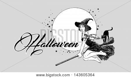 Young halloween witch flying on broom vector illustration graphics for party poster