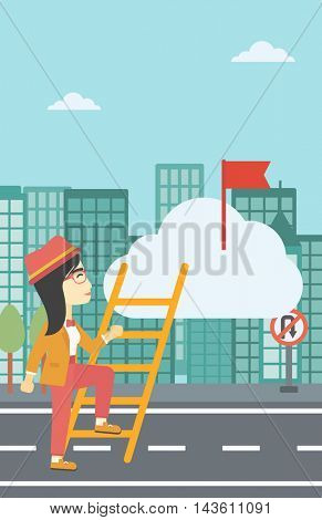 An asian young business woman climbing up the ladder to get the red flag on the top of the cloud on a city background. Vector flat design illustration. Vertical layout.