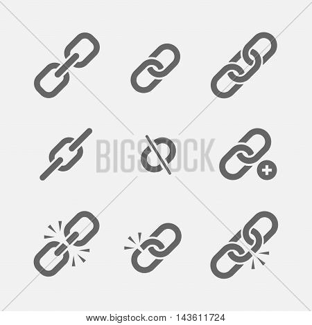 Links icon vector set isolated from the background in a flat style. linking icons and broken links in chains for web sites and applications.