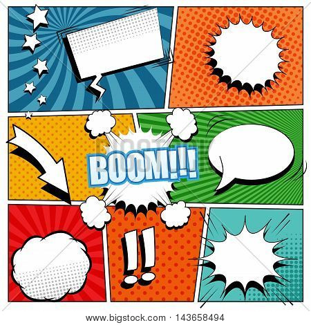 Comic book background. Vector illustration with speech bubbles, arrow, stars, blots, sound and halftone effects, funny radial and dotted backgrounds. Pop-art style.