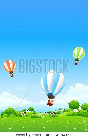 Green Landscape With Hot Air Balloons