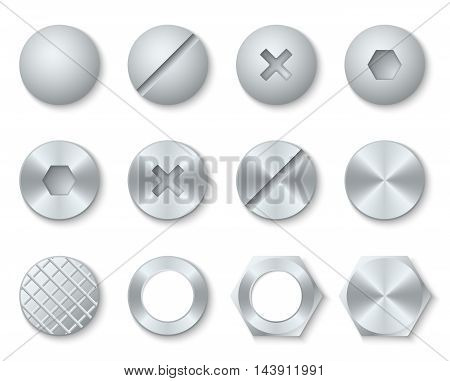 Steel screws, nuts, bolts, rivets heads vector. Set of fixing accessories illustration